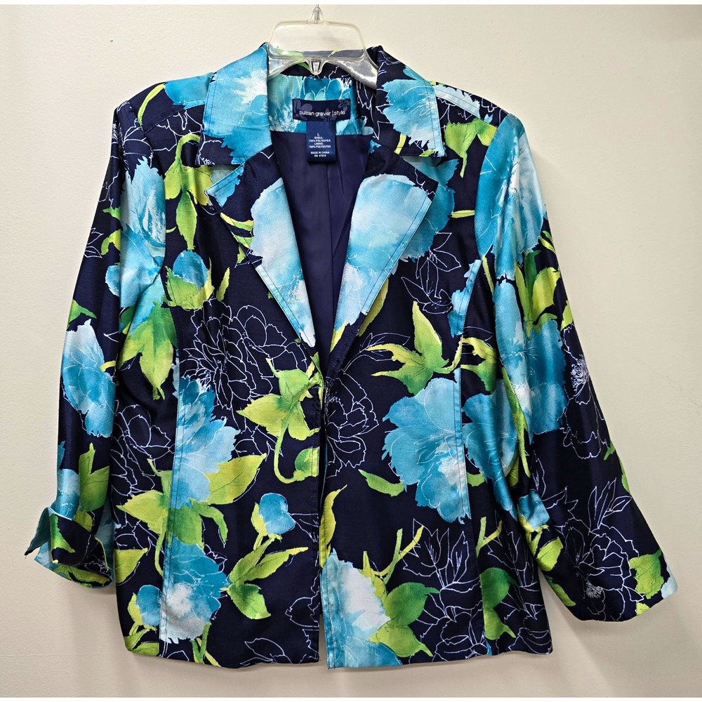 Susan Graver Style Women's Floral Lined Jacket Hook & Eye 3/4 Sleeve Size L